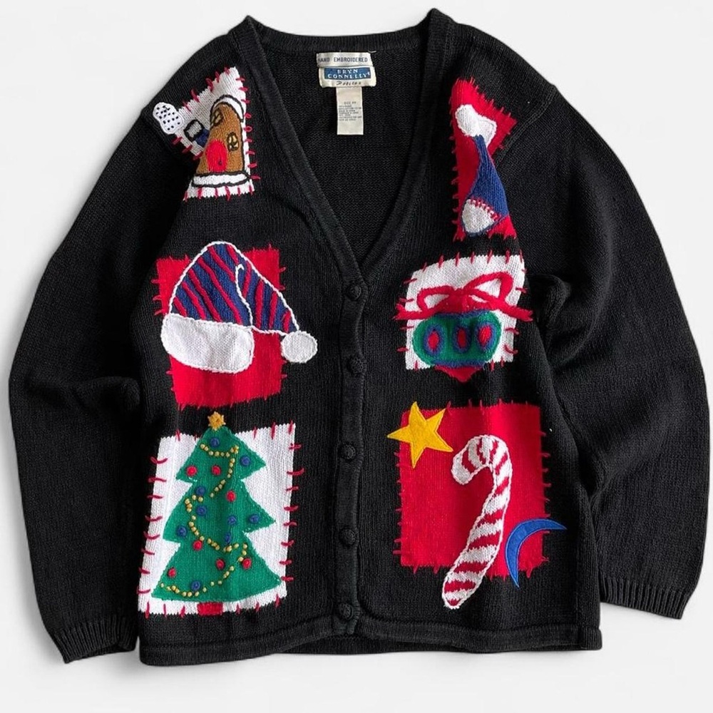 Vintage Bryn Connelly Petites Black Knit Embroidered Christmas Cardigan S